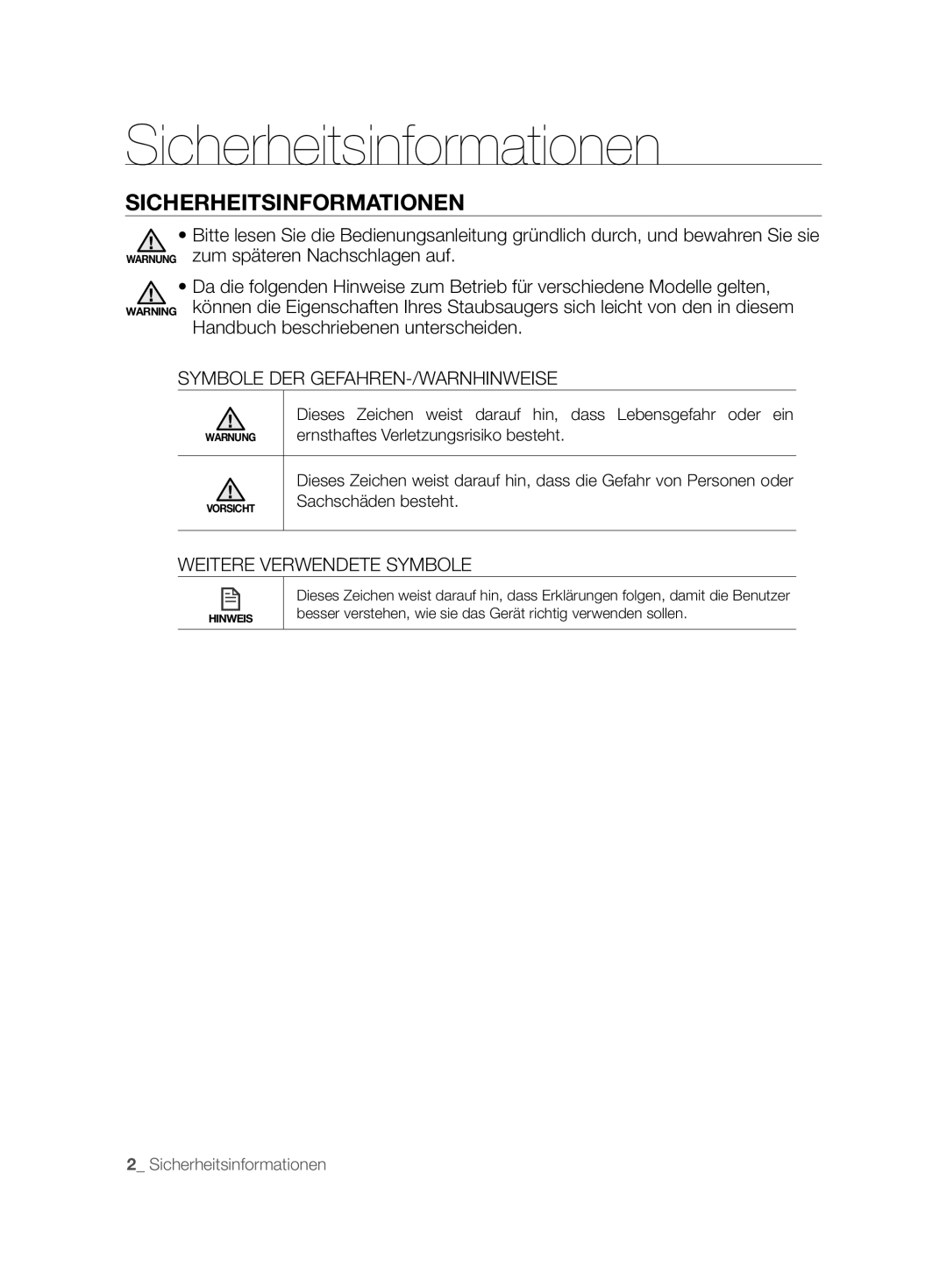 Samsung VCR8825T3R/XET manual Sicherheitsinformationen, Symbole DER GEFAHREN-/WARNHINWEISE, Weitere Verwendete Symbole 