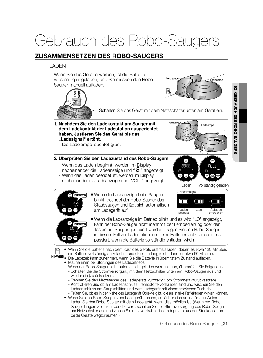 Samsung VCR8825T3B/XET, VCR8825T3B/XEG, VCR8825T3R/XET, VCR8825T3R/XEF manual Laden, Nachdem Sie den Ladekontakt am Sauger mit 