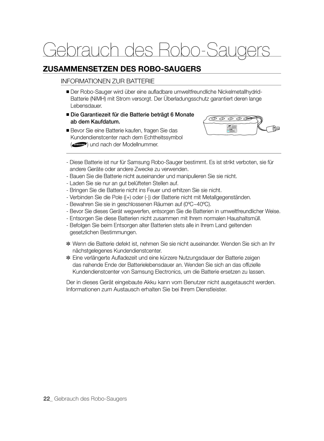 Samsung VCR8825T3R/XET, VCR8825T3B/XEG, VCR8825T3B/XET, VCR8825T3R/XEF manual Informationen ZUR Batterie 