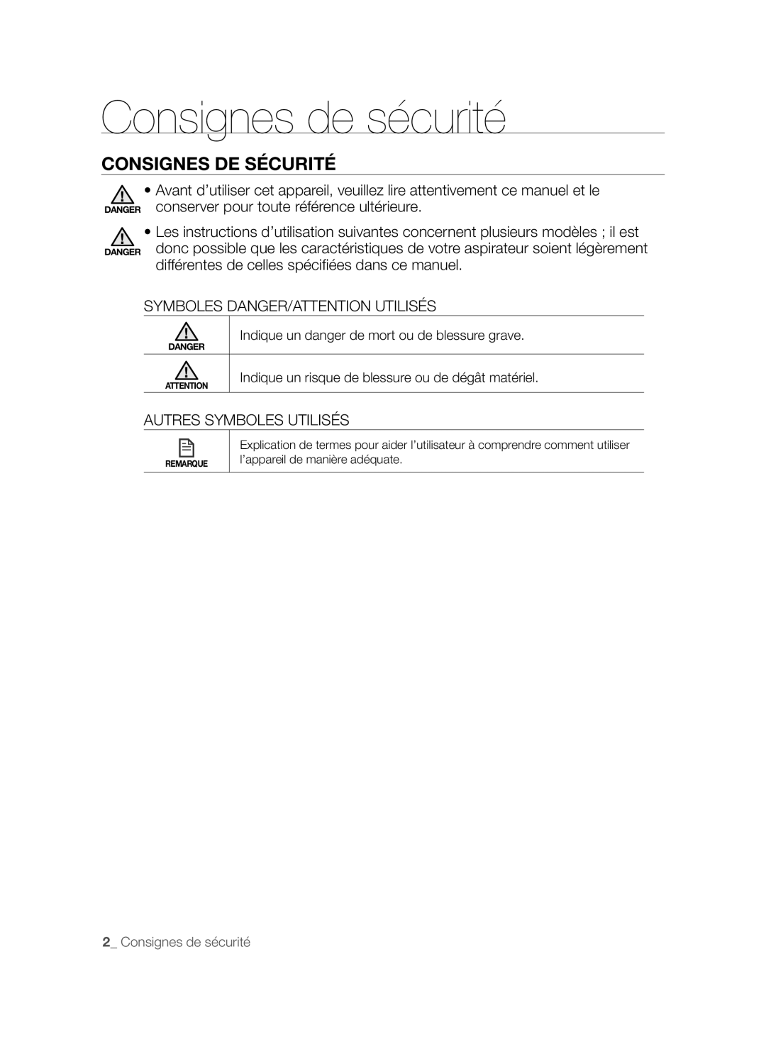 Samsung VCR8825T3R/XET, VCR8825T3B/XEG Consignes de sécurité, Consignes DE Sécurité, Symboles DANGER/ATTENTION Utilisés 