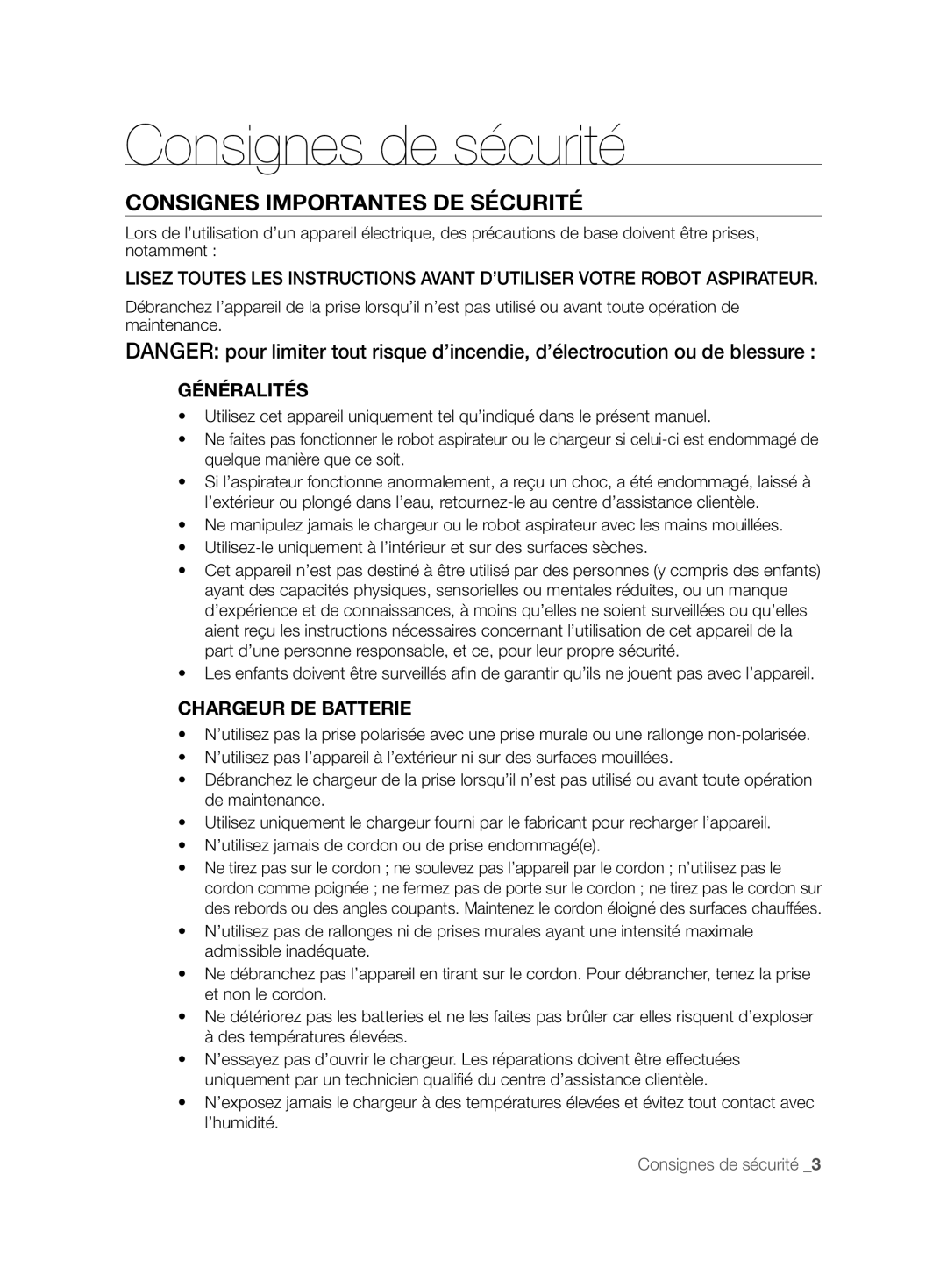 Samsung VCR8825T3R/XEF, VCR8825T3B/XEG, VCR8825T3B/XET Consignes Importantes DE Sécurité, Généralités, Chargeur DE Batterie 