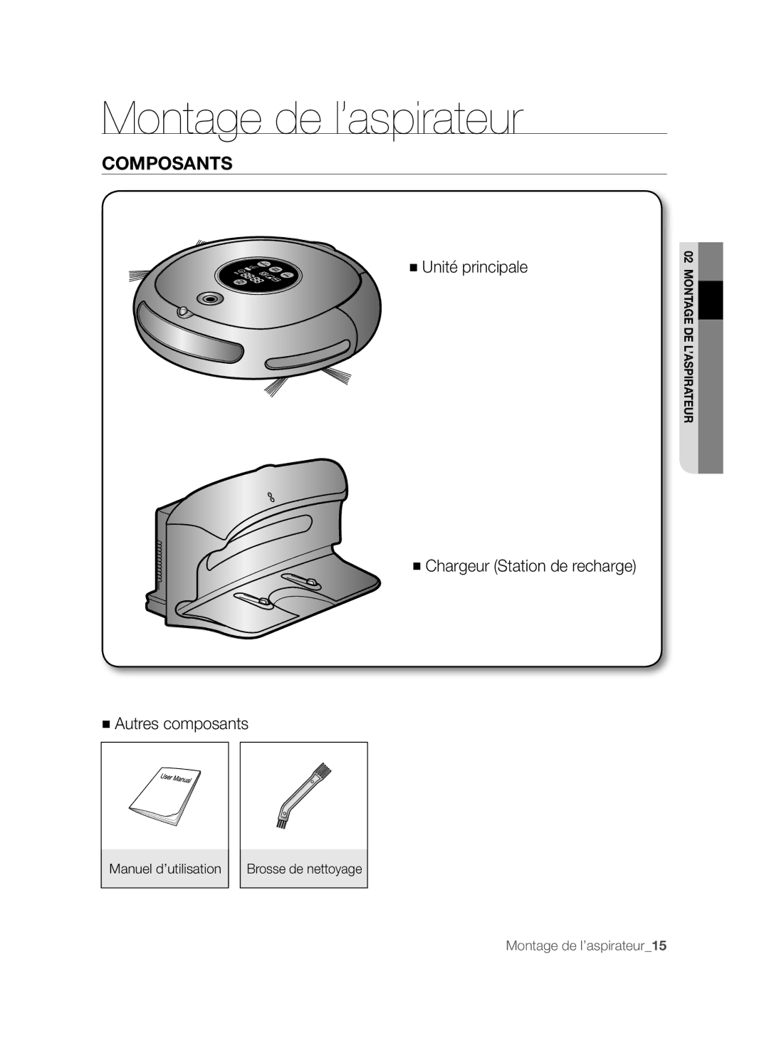 Samsung VCR8825T3R/XEF, VCR8825T3B/XEG manual Montage de l’aspirateur, Composants, Manuel d’utilisation Brosse de nettoyage 