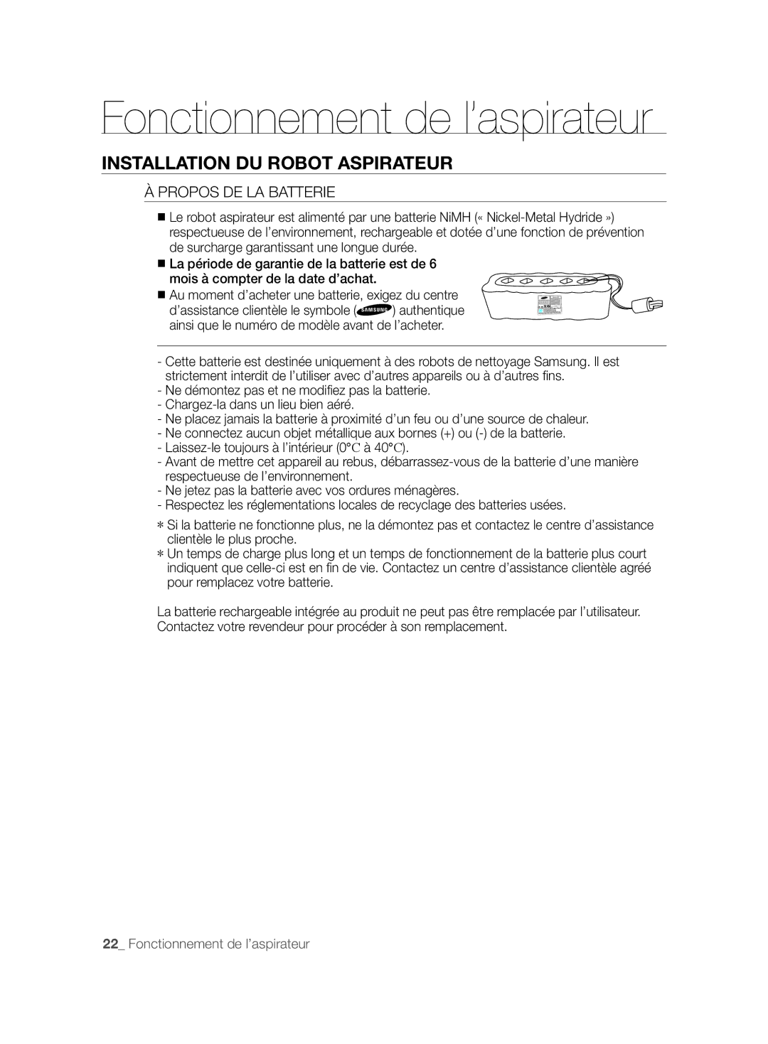 Samsung VCR8825T3R/XET, VCR8825T3B/XEG, VCR8825T3B/XET, VCR8825T3R/XEF manual Propos DE LA Batterie 