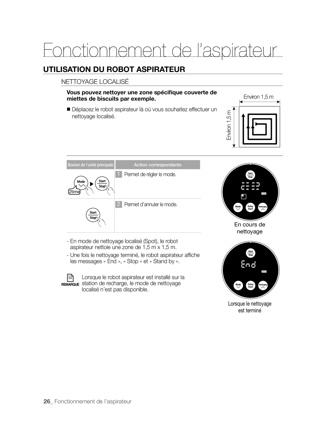 Samsung VCR8825T3R/XET manual Nettoyage Localisé, En cours de Nettoyage, Lorsque le robot aspirateur est installé sur la 