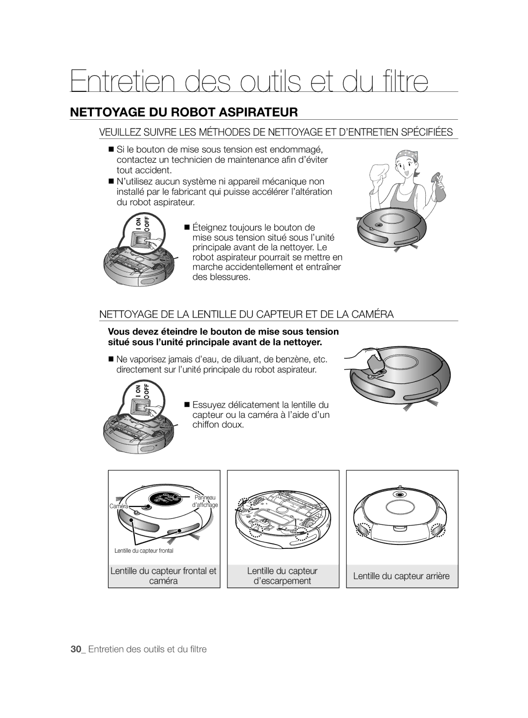 Samsung VCR8825T3R/XET, VCR8825T3B/XEG manual Entretien des outils et du ﬁ ltre, Nettoyage DU Robot Aspirateur, Caméra 