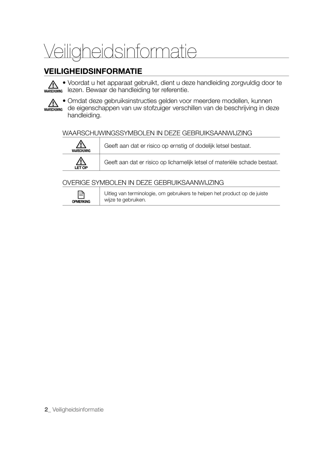 Samsung VCR8825T3R/XET, VCR8825T3B/XEG manual Veiligheidsinformatie, Waarschuwingssymbolen in Deze Gebruiksaanwijzing 