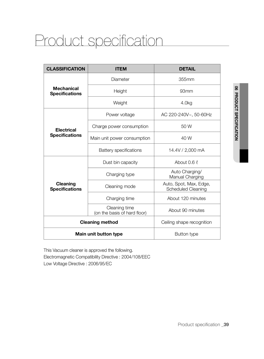 Samsung VCR8825T3R/XEO manual Classification Detail, Speciﬁcations, About 0.6 ℓ, Cleaning method, Main unit button type 