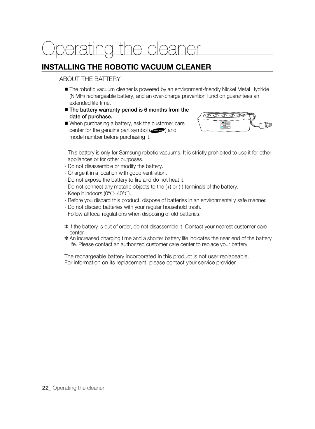 Samsung VCR8825T3R/XEO, VCR8825T3B/XET, VCR8825T3W/XAG manual About the Battery 