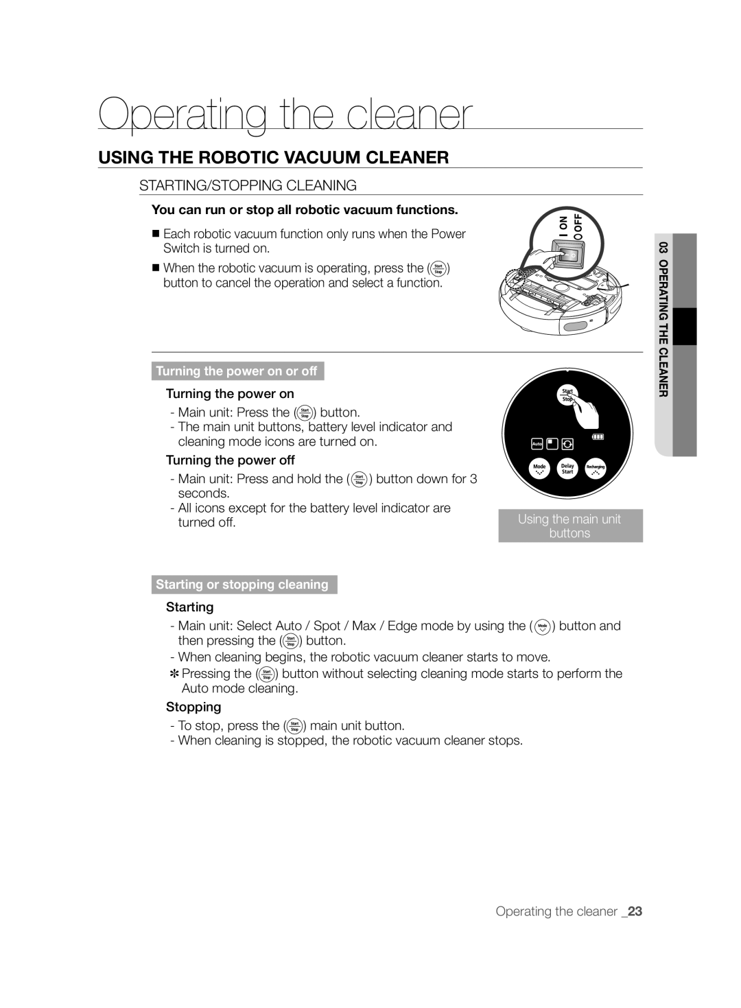 Samsung VCR8825T3W/XAG, VCR8825T3B/XET, VCR8825T3R/XEO manual Using the Robotic Vacuum Cleaner, STARTING/STOPPING Cleaning 