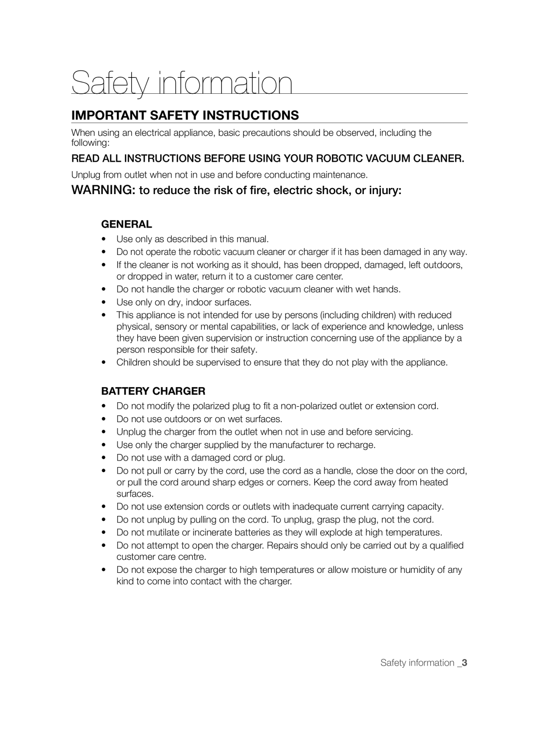 Samsung VCR8825T3B/XET Important Safety Instructions, General, Battery Charger, Use only as described in this manual 