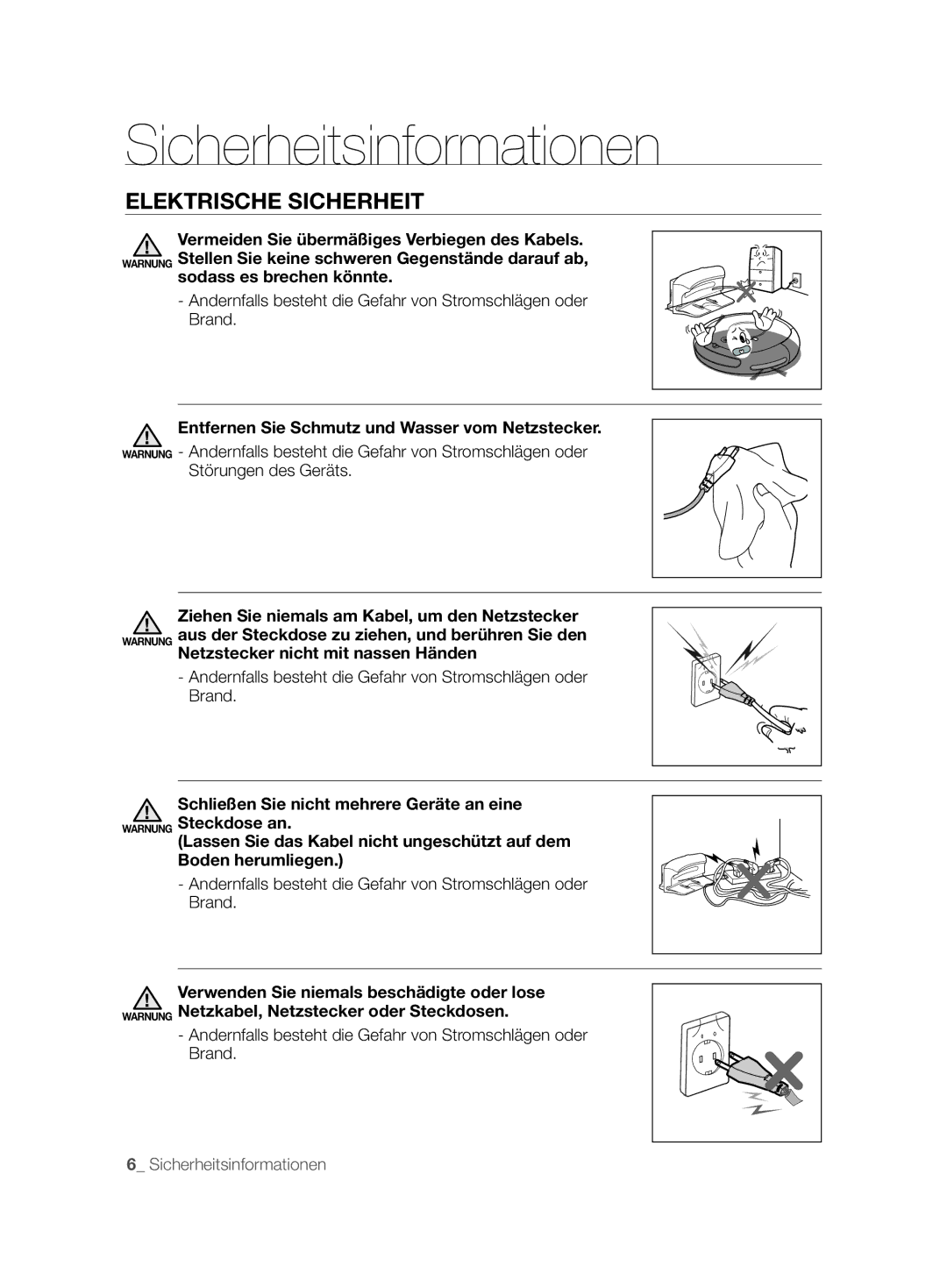 Samsung VCR8825T3B/XET, VCR8825T3R/XEO Elektrische Sicherheit, Andernfalls besteht die Gefahr von Stromschlägen oder Brand 