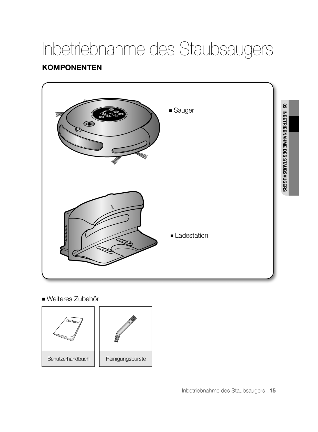 Samsung VCR8825T3B/XET, VCR8825T3R/XEO, VCR8825T3W/XAG manual Komponenten, Benutzerhandbuch Reinigungsbürste 