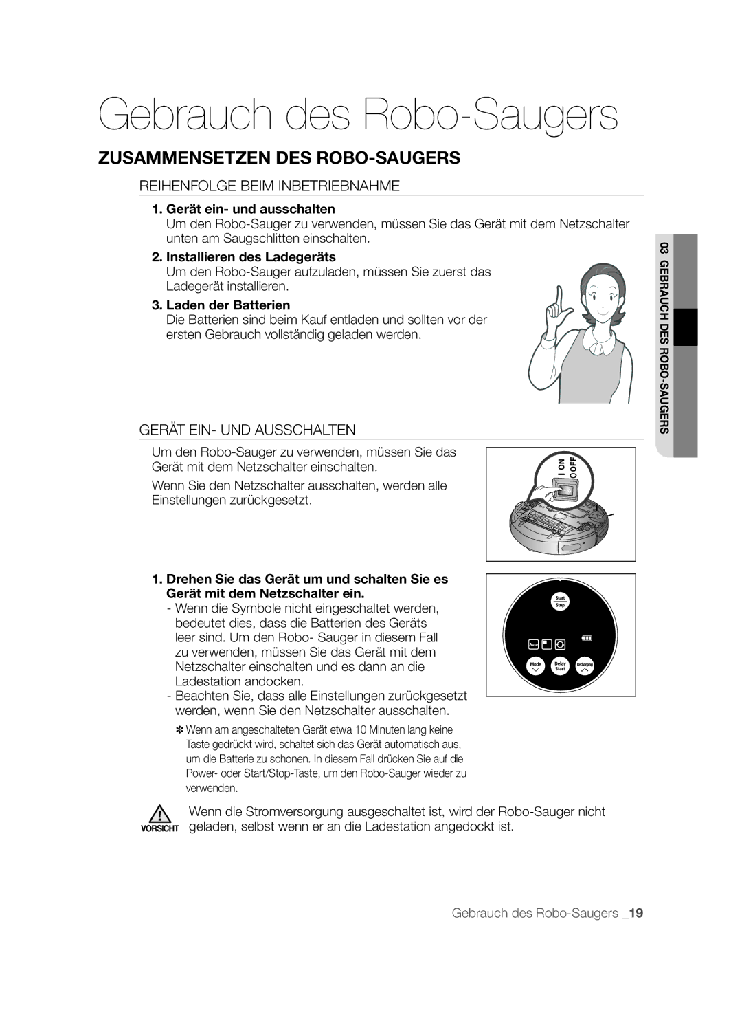 Samsung VCR8825T3R/XEO manual Zusammensetzen DES ROBO-SAUGERS, Reihenfolge Beim Inbetriebnahme, Gerät EIN- UND Ausschalten 