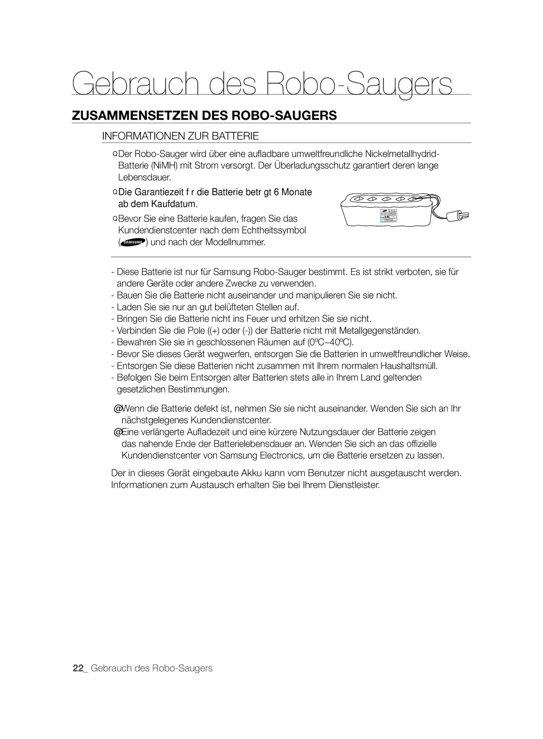 Samsung VCR8825T3R/XEO, VCR8825T3B/XET, VCR8825T3W/XAG manual Informationen ZUR Batterie 