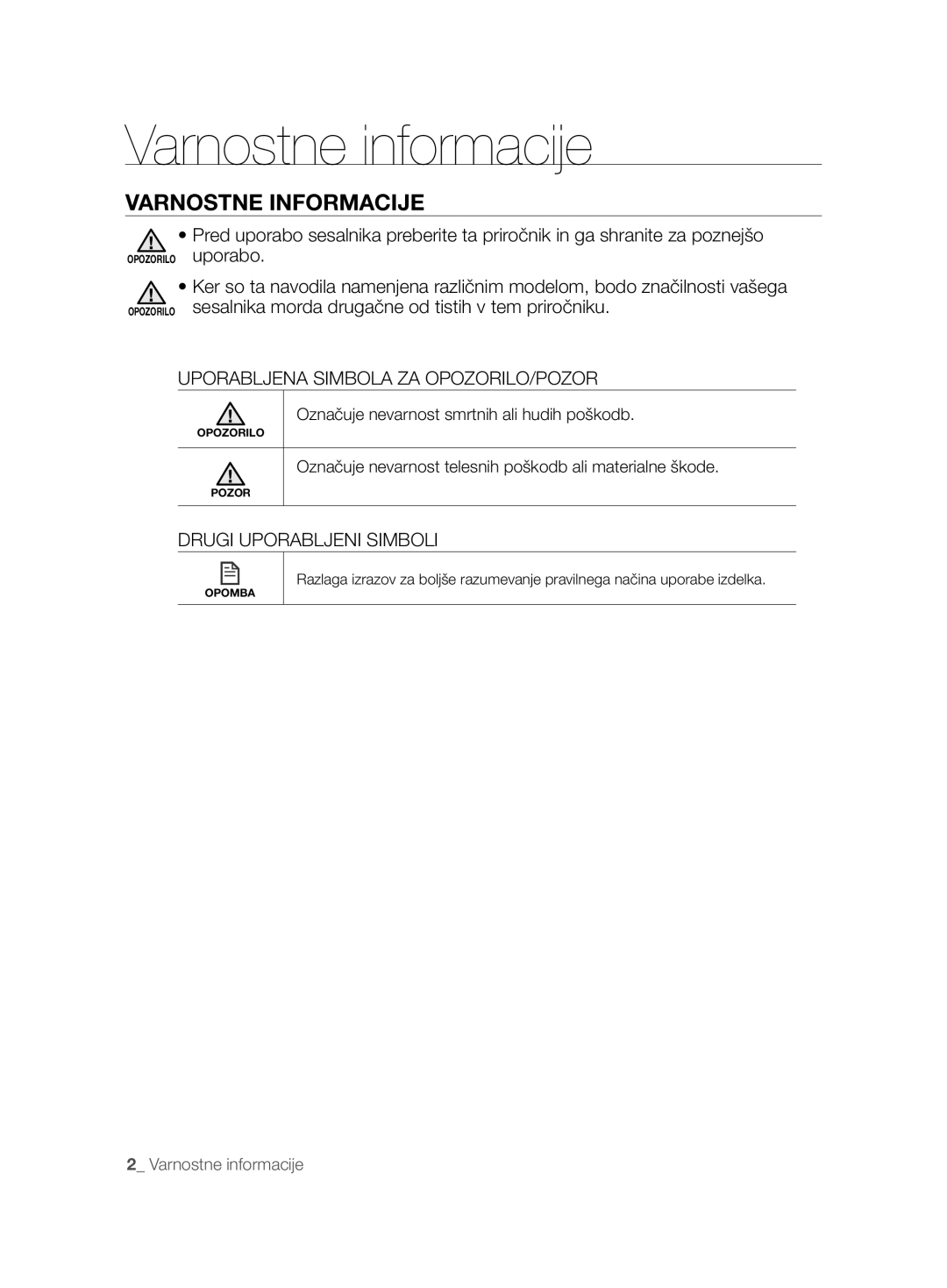 Samsung VCR8825T3B/XET manual Varnostne informacije, Varnostne Informacije, Uporabljena Simbola ZA OPOZORILO/POZOR 