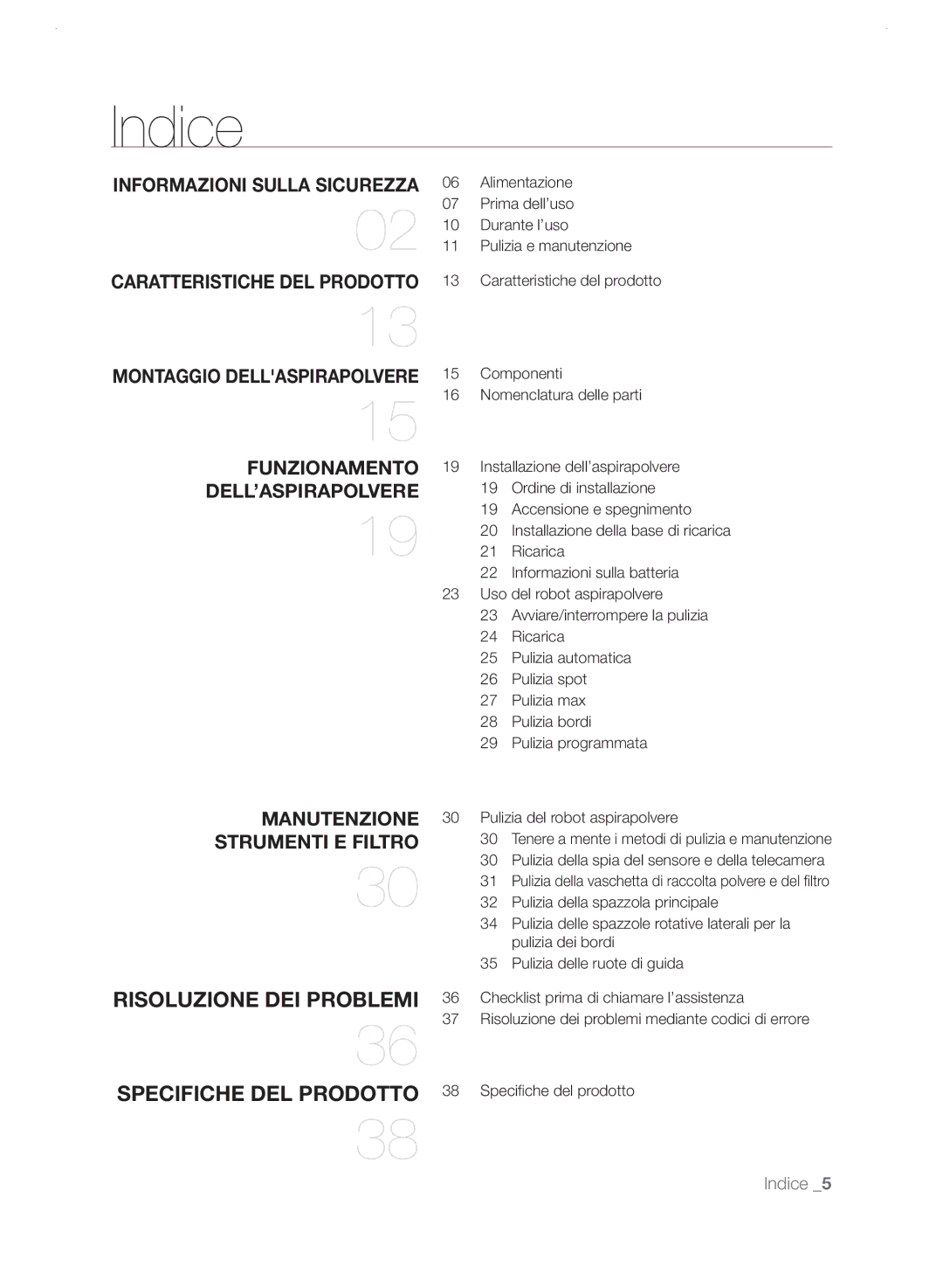 Samsung VCR8825T3R/XET, VCR8825T3B/XET manual Indice, Dell’Aspirapolvere 