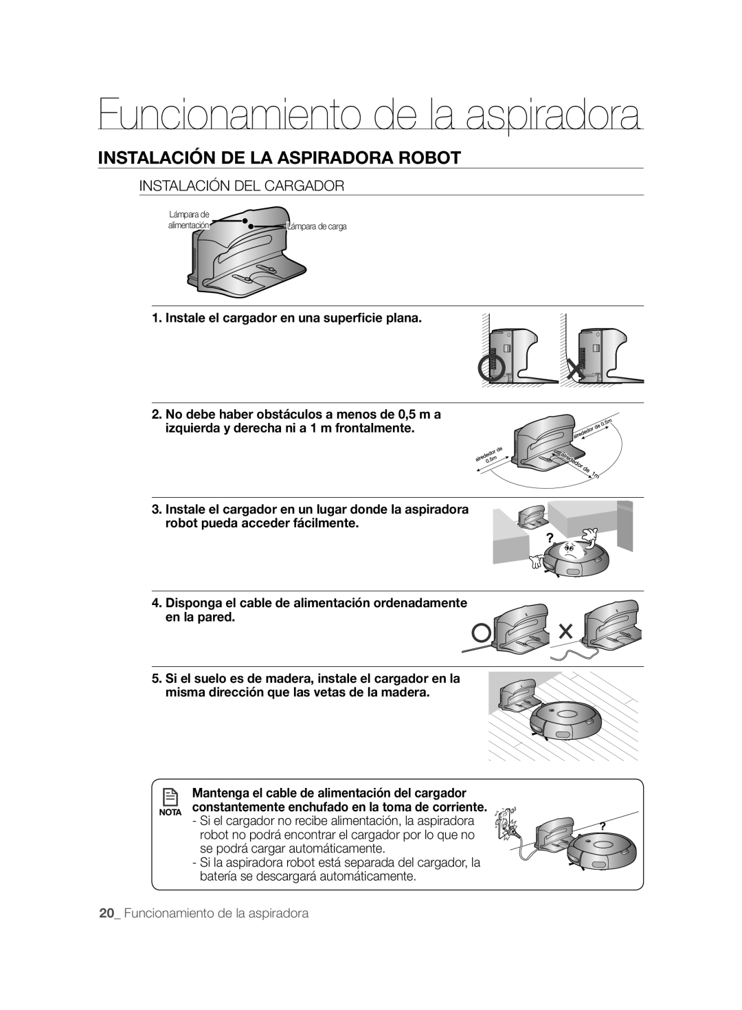 Samsung VCR8825T3R/XEF, VCR8825T3W/XEF manual Instalación DEL Cargador, Instale el cargador en una superﬁcie plana 