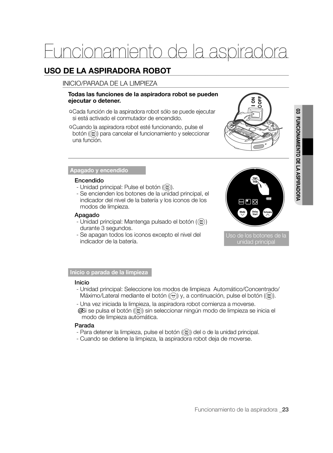 Samsung VCR8825T3W/XEF, VCR8825T3R/XEF manual USO DE LA Aspiradora Robot, INICIO/PARADA DE LA Limpieza, Inicio 