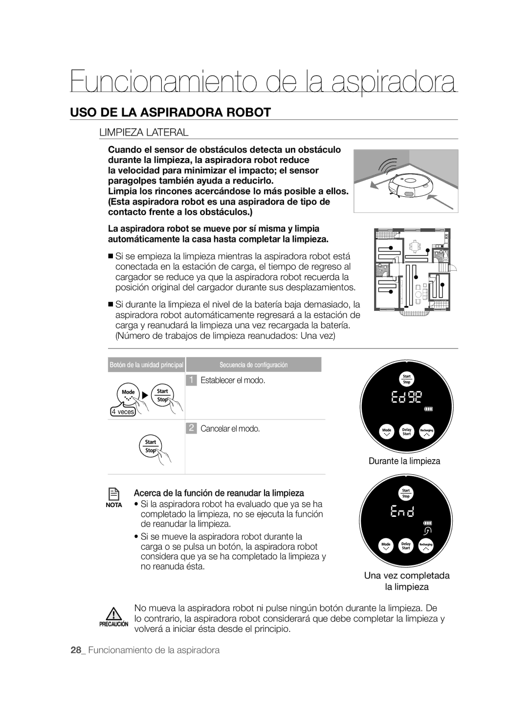 Samsung VCR8825T3R/XEF, VCR8825T3W/XEF manual Limpieza Lateral, Número de trabajos de limpieza reanudados Una vez 