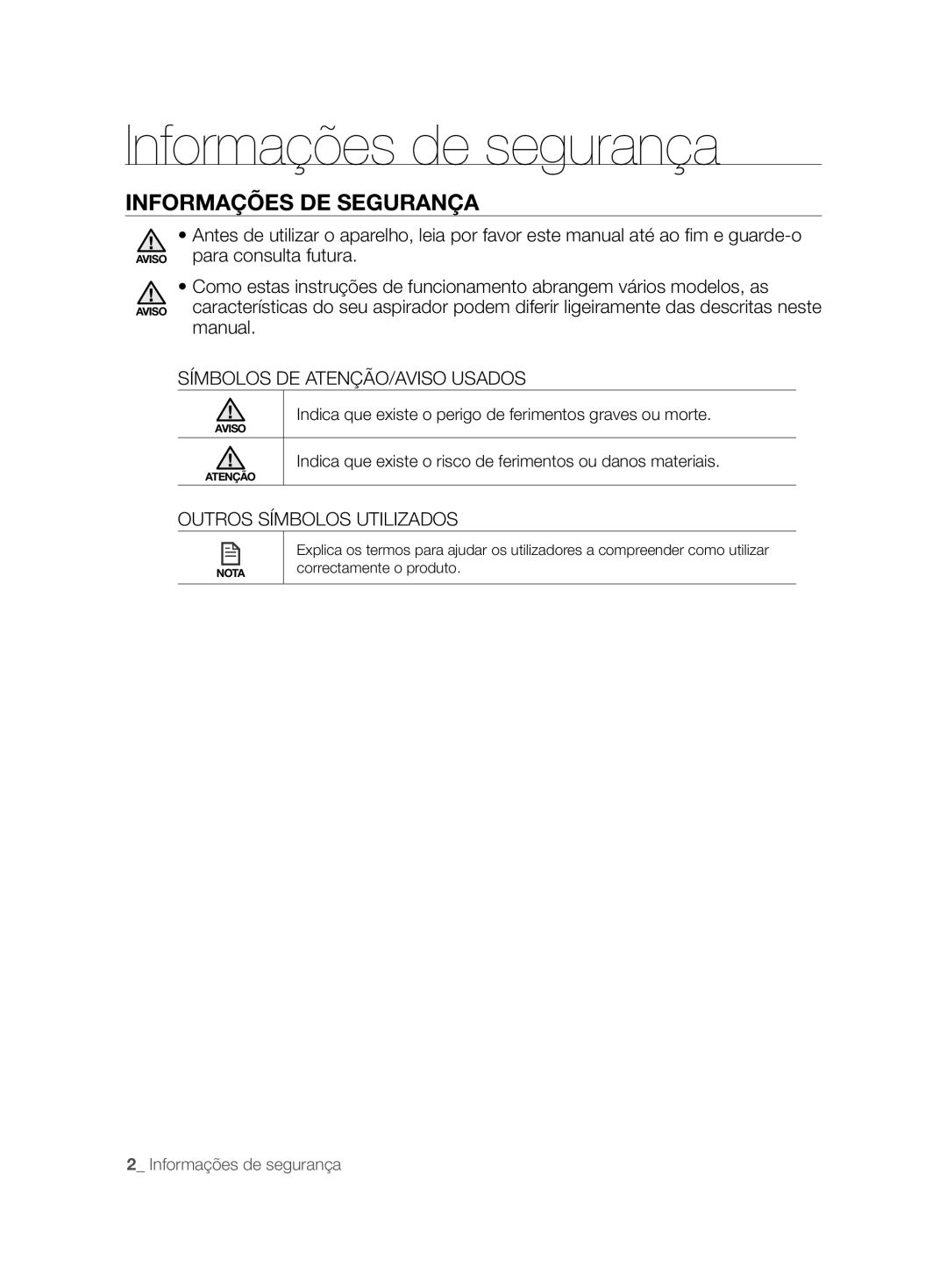 Samsung VCR8825T3R/XEF manual Informações de segurança, Informações DE Segurança, Símbolos DE ATENÇÃO/AVISO Usados 