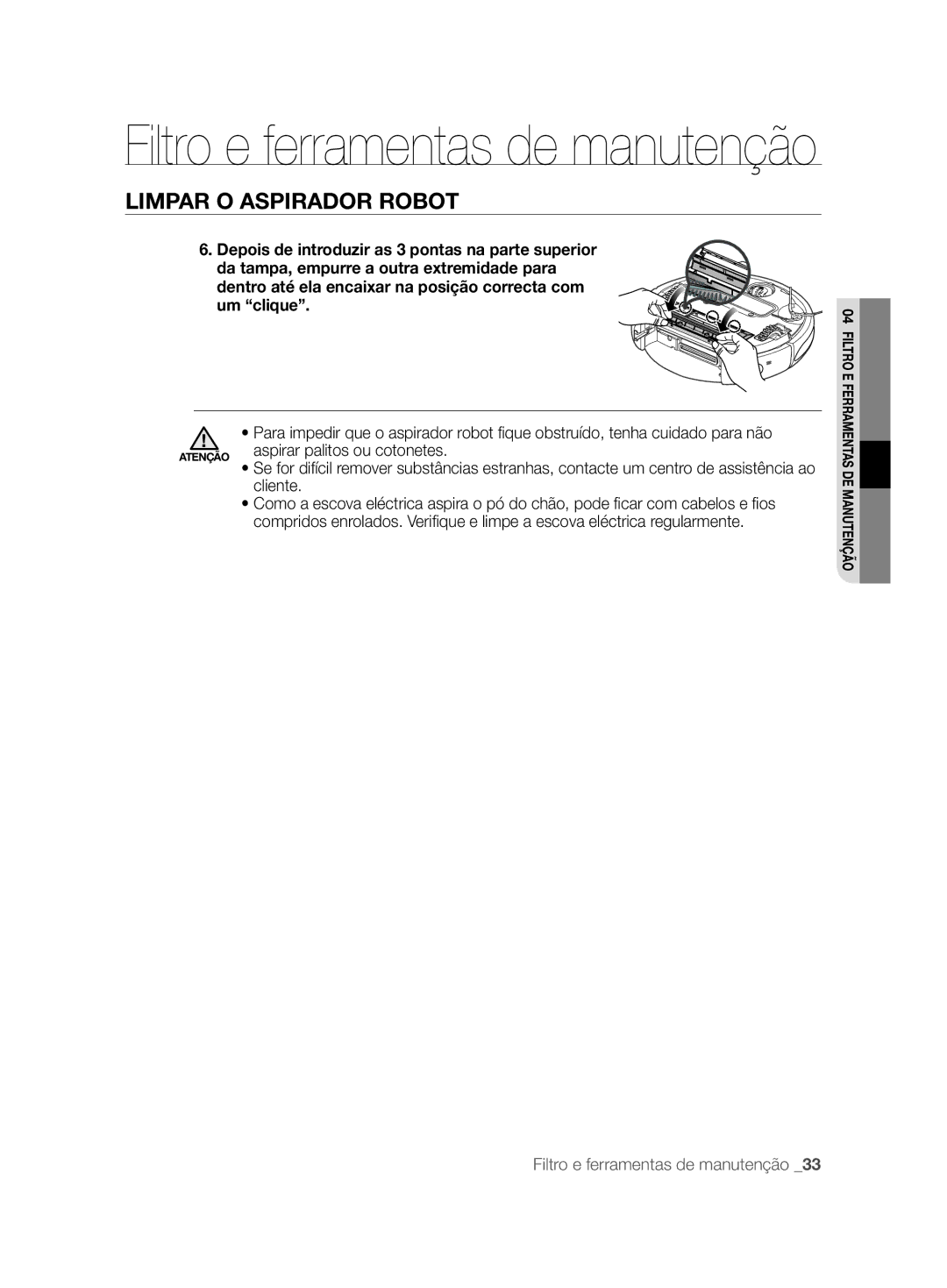 Samsung VCR8825T3W/XEF, VCR8825T3R/XEF manual Filtro e ferramentas de manutenção 