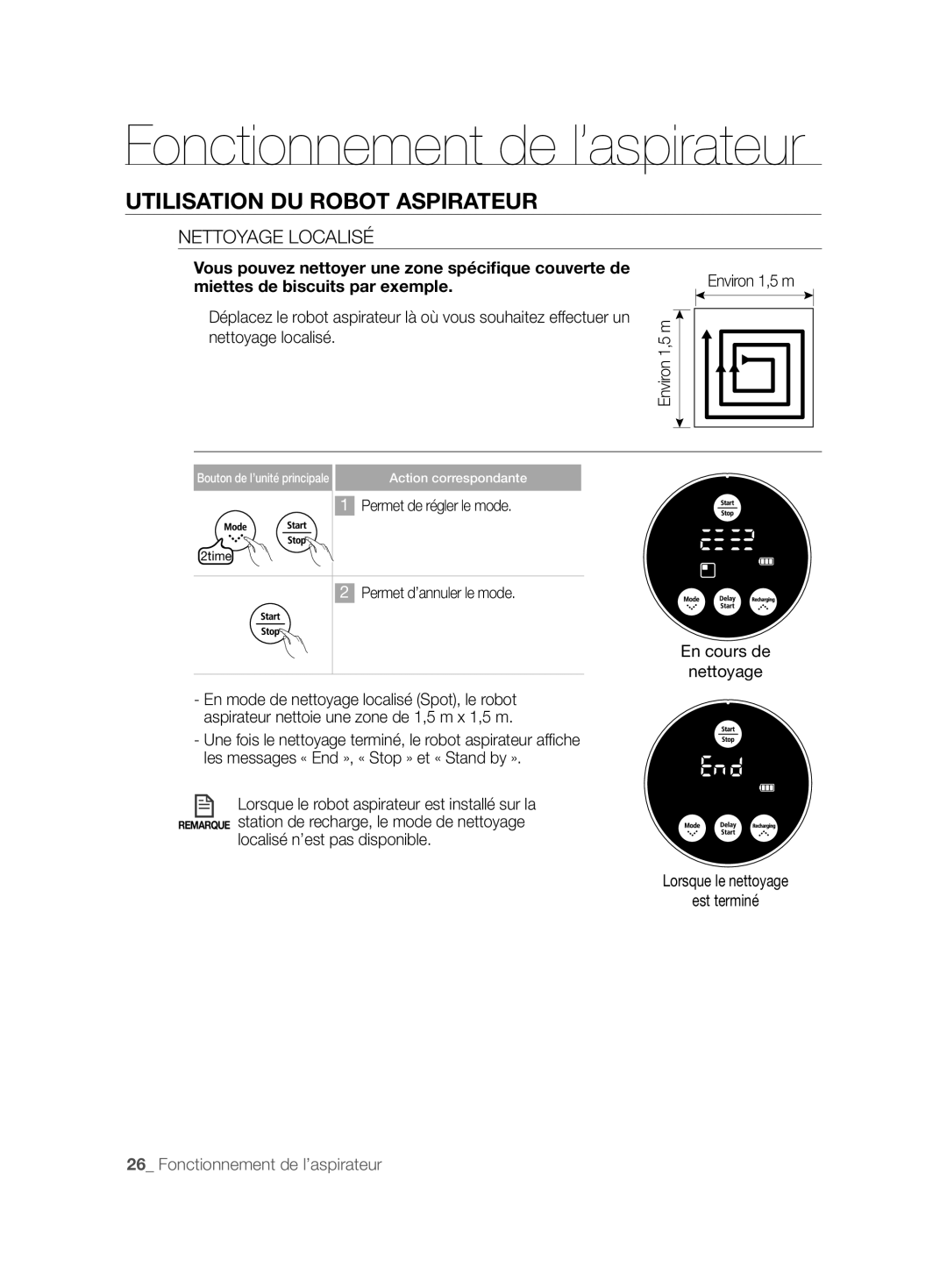 Samsung VCR8825T3R/XEF manual Nettoyage Localisé, En cours de Nettoyage, Lorsque le robot aspirateur est installé sur la 