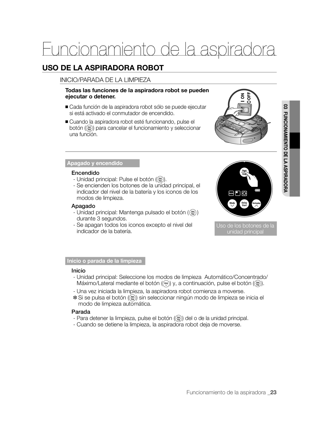 Samsung VCR8828T3B/XEF manual USO DE LA Aspiradora Robot, INICIO/PARADA DE LA Limpieza, Inicio 