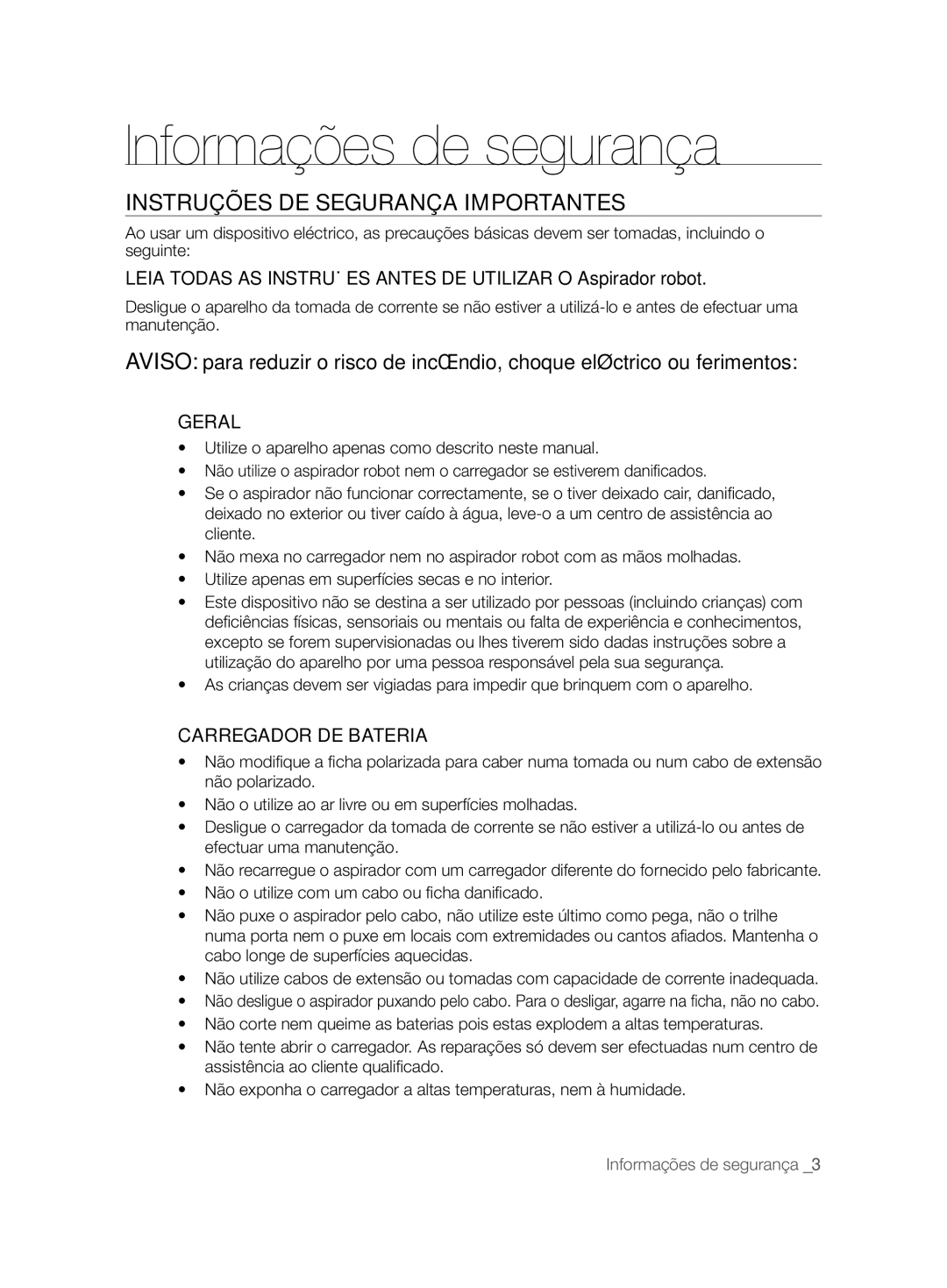 Samsung VCR8828T3B/XEF manual Instruções DE Segurança Importantes, Geral, Carregador DE Bateria 