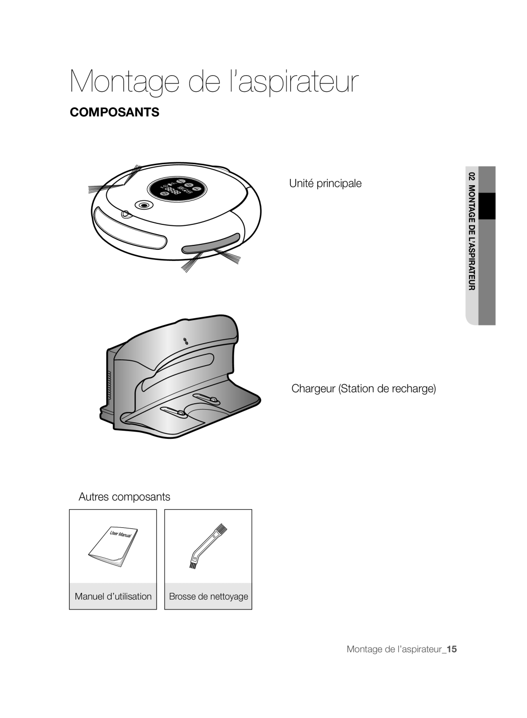 Samsung VCR8828T3B/XEF manual Montage de l’aspirateur, Composants, Manuel d’utilisation Brosse de nettoyage 