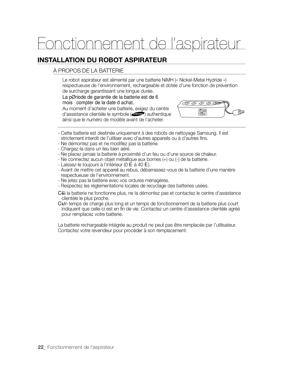 Samsung VCR8828T3B/XEF manual Propos DE LA Batterie 