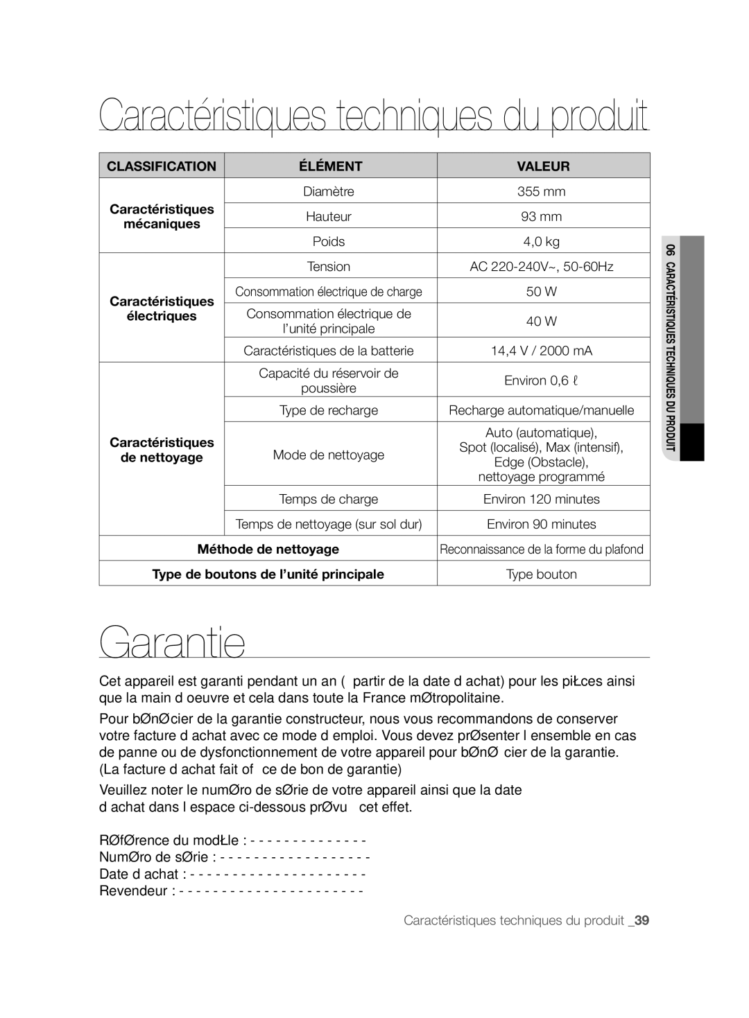 Samsung VCR8828T3B/XEF manual Garantie, Classification Élément Valeur, Méthode de nettoyage 