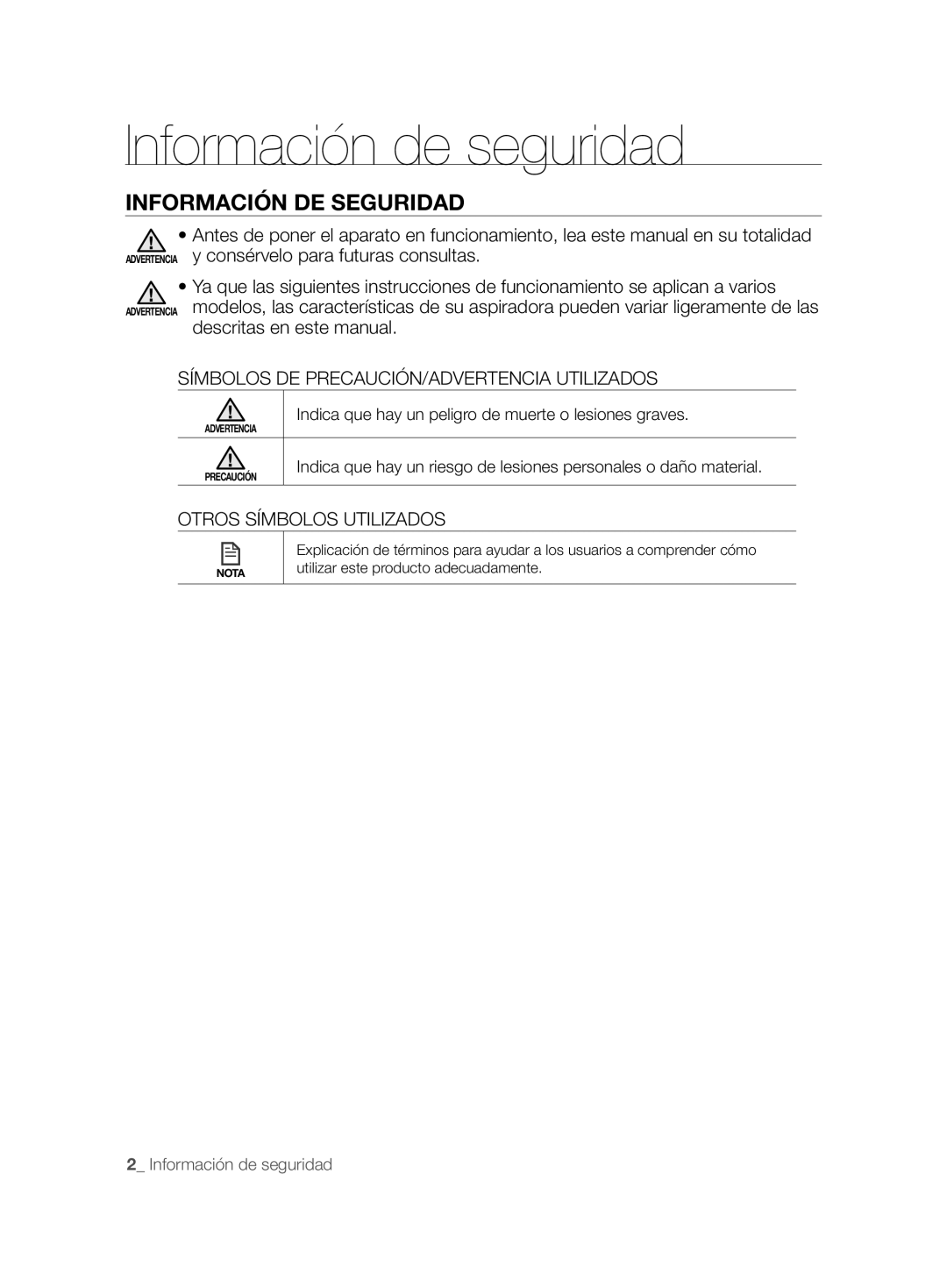 Samsung VCR8828T3B/XEF Información de seguridad, Información DE Seguridad, Símbolos DE PRECAUCIÓN/ADVERTENCIA Utilizados 