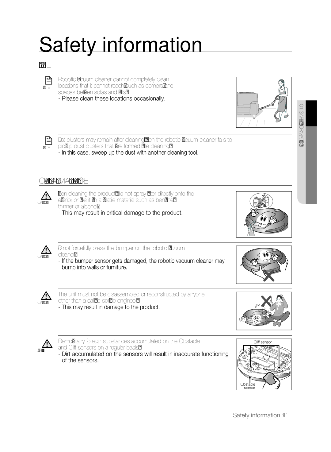 Samsung DJ68-00518A, VCR8830T1R, SR8830 user manual Cleaning and Maintenance, Spaces between sofas and walls 