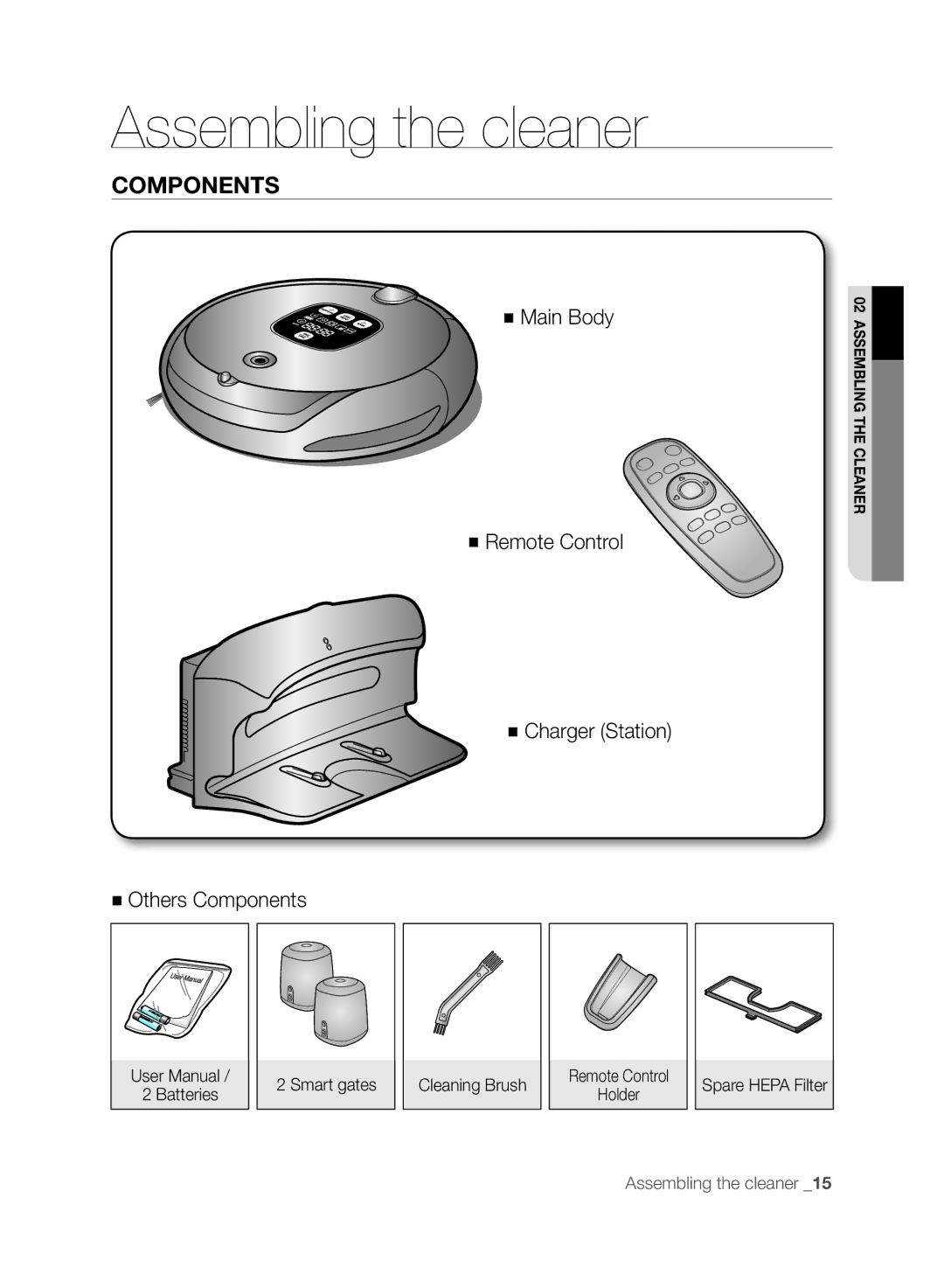 Samsung VCR8830T1R, SR8830 user manual Assembling the cleaner, Components, Smart gates, Cleaning Brush Remote Control Holder 