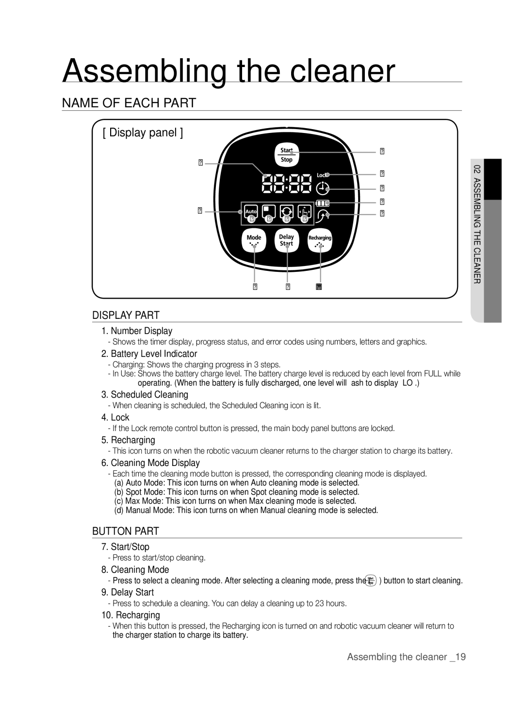 Samsung SR8830 Number Display, Battery Level Indicator, Scheduled Cleaning, Lock, Recharging, Cleaning Mode Display 