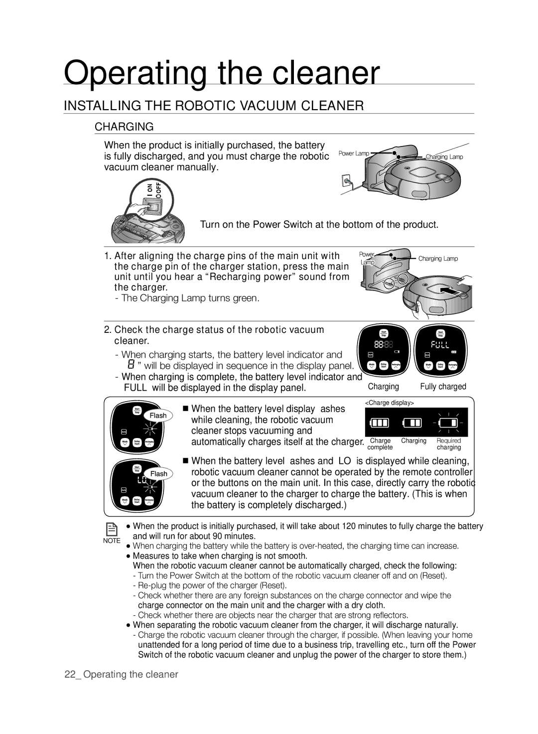 Samsung SR8830, VCR8830T1R, DJ68-00518A user manual Charging, Check the charge status of the robotic vacuum cleaner 