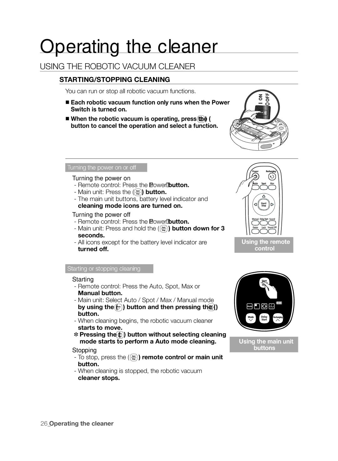 Samsung DJ68-00518A, VCR8830T1R, SR8830 user manual Using the robotic vacuum cleaner, Starting/Stopping Cleaning 