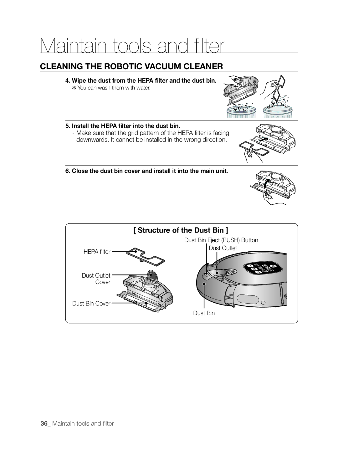 Samsung VCR8830T1R, SR8830 Wipe the dust from the Hepa filter and the dust bin, Install the Hepa filter into the dust bin 