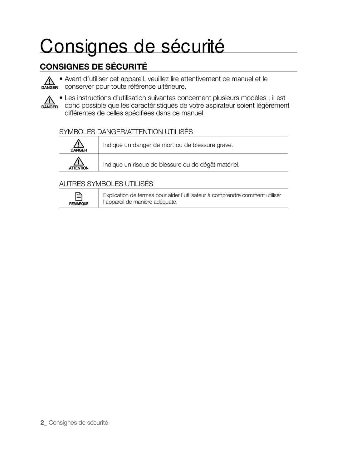 Samsung VCR8830T1R, SR8830, DJ68-00518A Consignes de sécurité, Consignes DE Sécurité, Symboles DANGER/ATTENTION Utilisés 