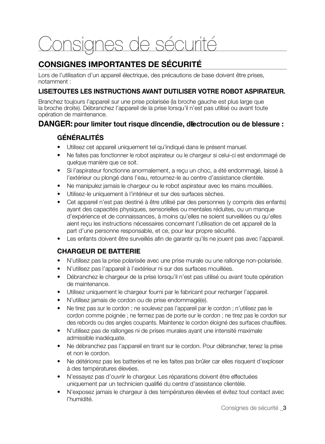 Samsung SR8830, VCR8830T1R, DJ68-00518A user manual Consignes Importantes DE Sécurité, Généralités 