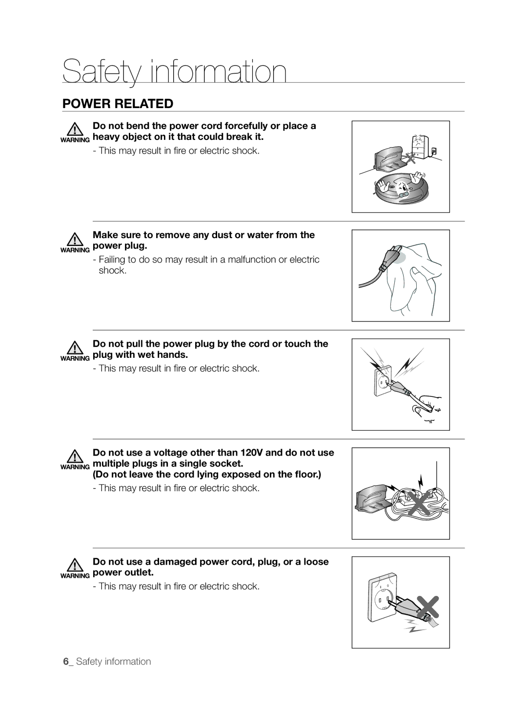 Samsung VCR8830T1R, SR8830, DJ68-00518A user manual Power Related, This may result in fire or electric shock 