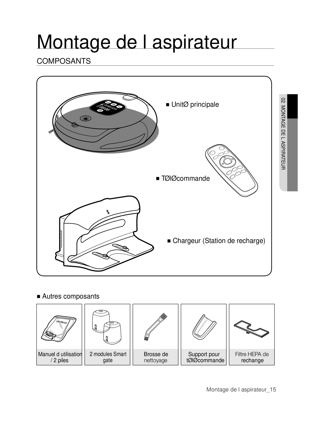 Samsung SR8830, VCR8830T1R, DJ68-00518A user manual Montage de l’aspirateur, Composants, Support pour Télécommande 