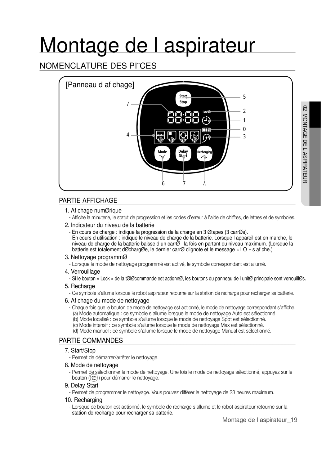 Samsung DJ68-00518A Affichage numérique, Indicateur du niveau de la batterie, Nettoyage programmé, Verrouillage, Recharge 