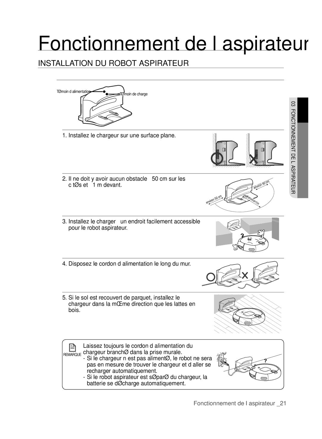 Samsung SR8830, VCR8830T1R, DJ68-00518A Installation DU Chargeur, Disposez le cordon d’alimentation le long du mur 