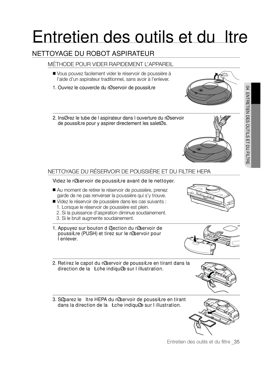 Samsung VCR8830T1R, SR8830 Méthode Pour Vider Rapidement L’APPAREIL, Nettoyage DU réservoir DE Poussière ET DU Filtre Hepa 