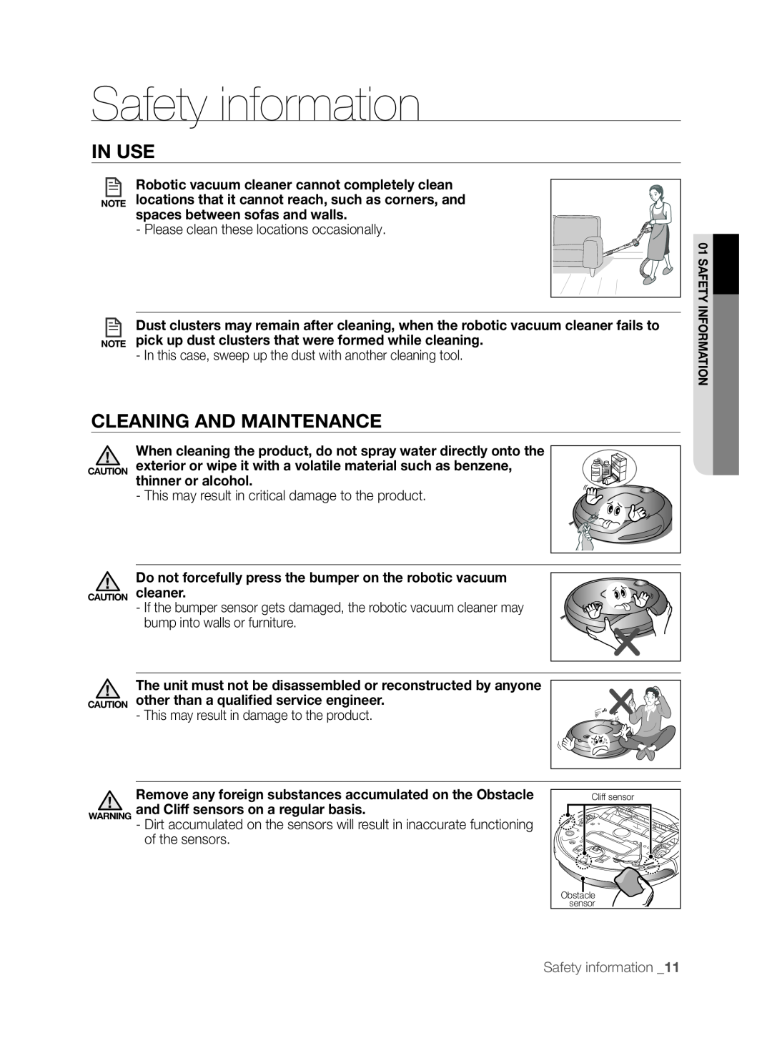 Samsung DJ68-00518A, VCR8830T1R, SR8830 user manual Cleaning and Maintenance, In use, Safety information _11 