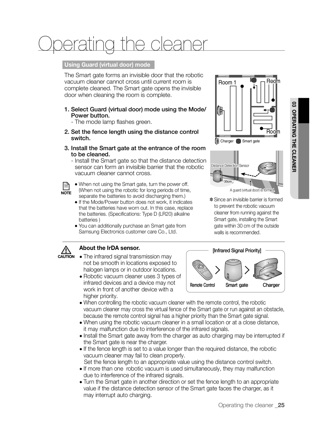 Samsung SR8830, VCR8830T1R, DJ68-00518A user manual Using Guard virtual door mode, Room, Operating the cleaner _25 