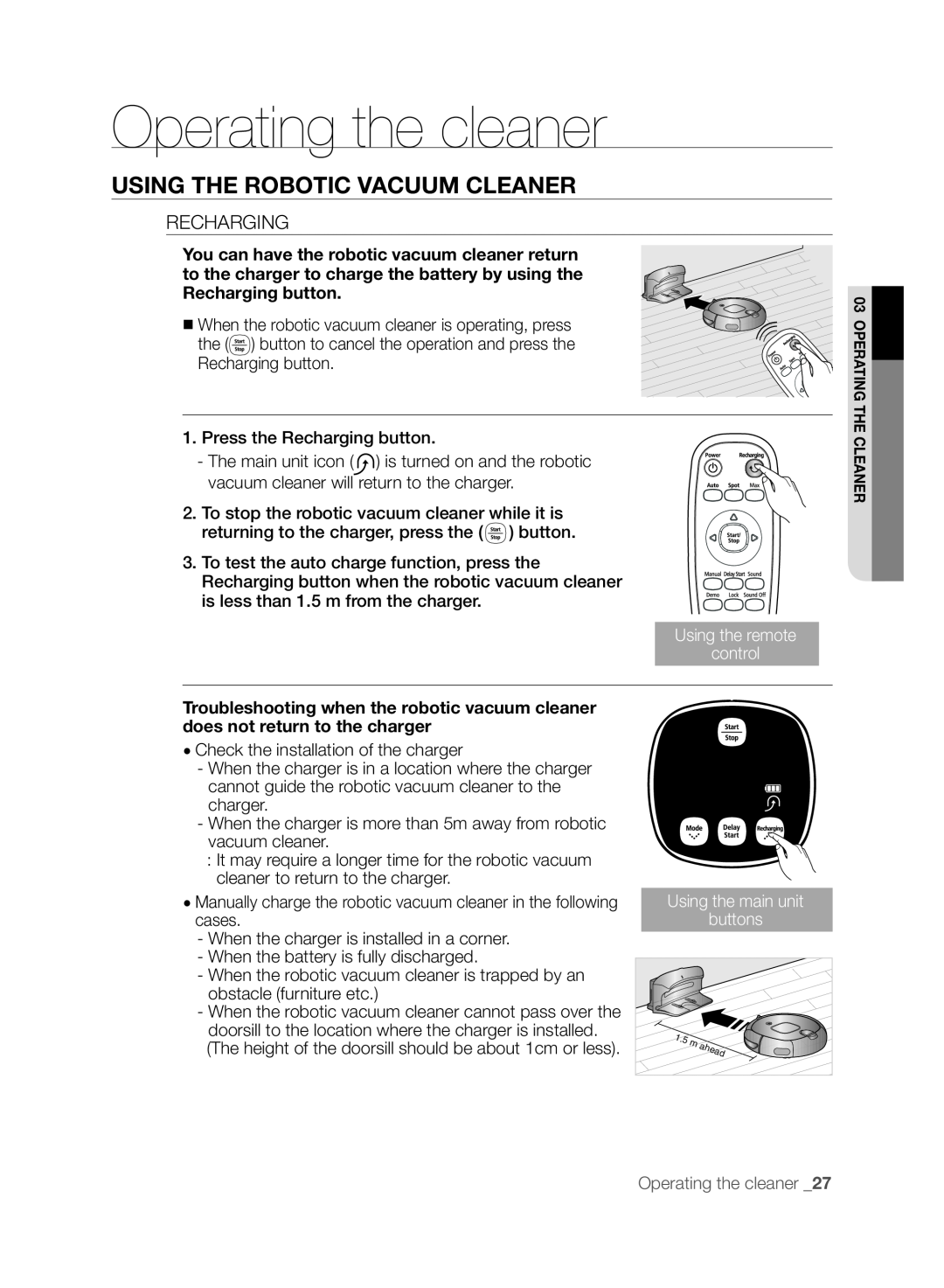 Samsung VCR8830T1R, SR8830, DJ68-00518A Operating the cleaner, Using the robotic vacuum cleaner, Using the remote control 