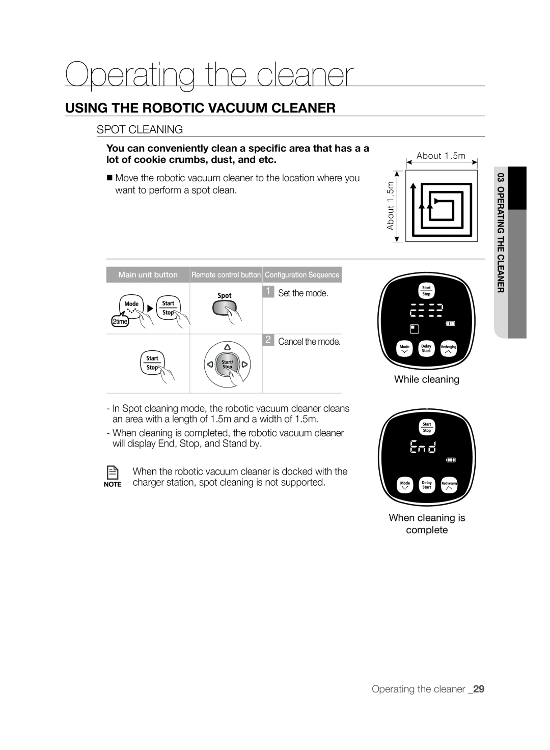 Samsung DJ68-00518A, VCR8830T1R, SR8830 Using the robotic vacuum cleaner, Spot Cleaning, Operating the cleaner _29 