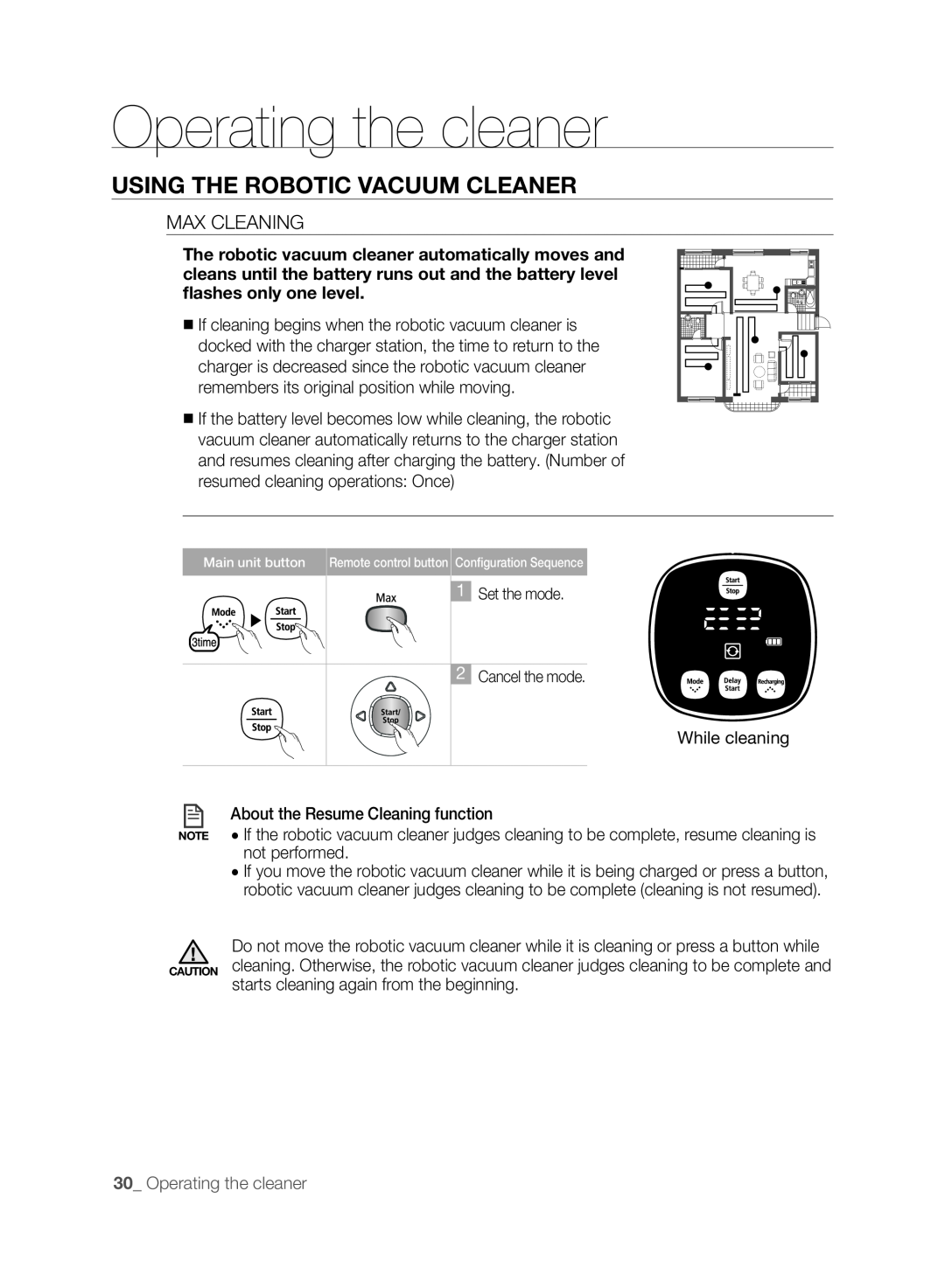 Samsung VCR8830T1R, SR8830, DJ68-00518A user manual Operating the cleaner, Using the robotic vacuum cleaner, Max Cleaning 